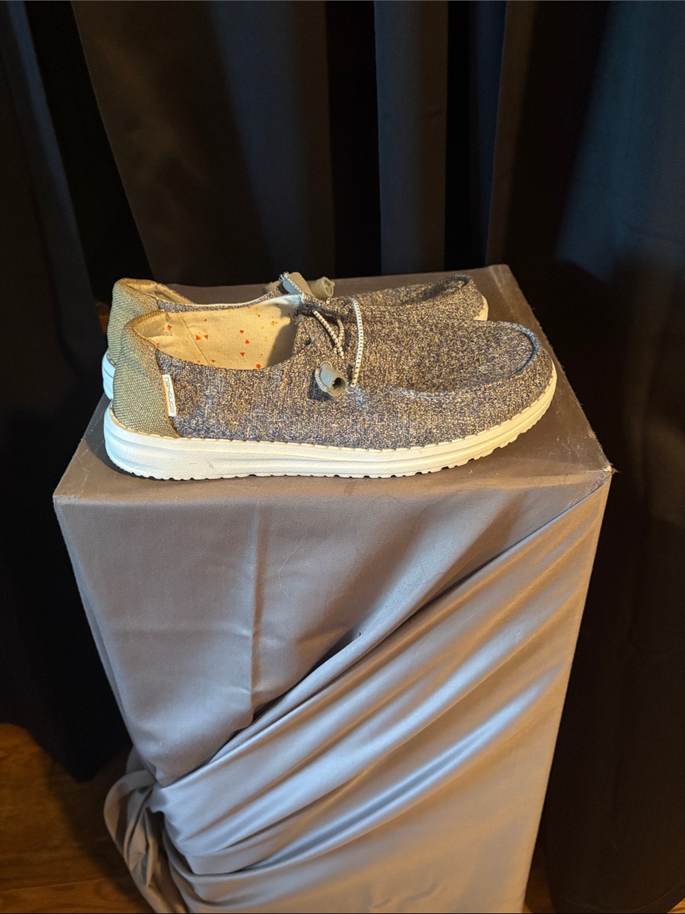 Hey Dude women’s Heather Gray Knit Slip-On Loafers with tan Heel